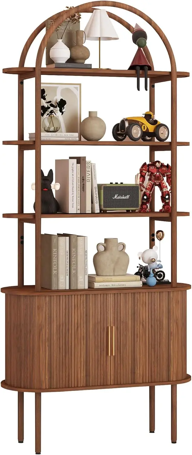 رف كتب مقوس مخدد بطول 71 بوصة مع أبواب الدف المنزلقة، خزانة كتب منحنية معدنية حديثة لمنتصف القرن (الجوز) #2