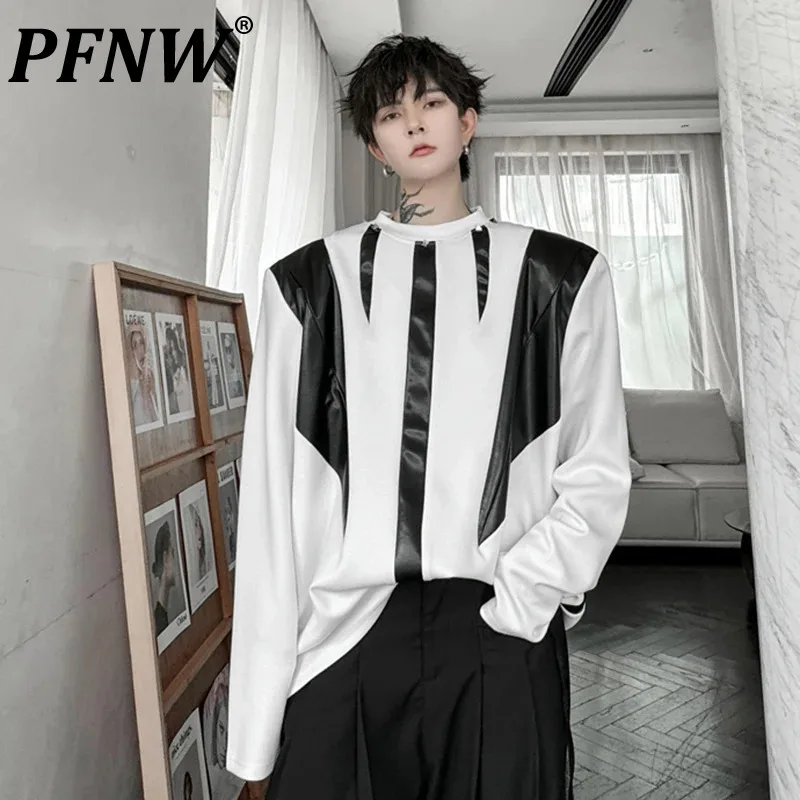 PFNW Men's Patchwork Sweatshirts Niche Design Round Collar Pu Leather Contrast Color 2024 New Stylish Autumn Male Tops 9C7463