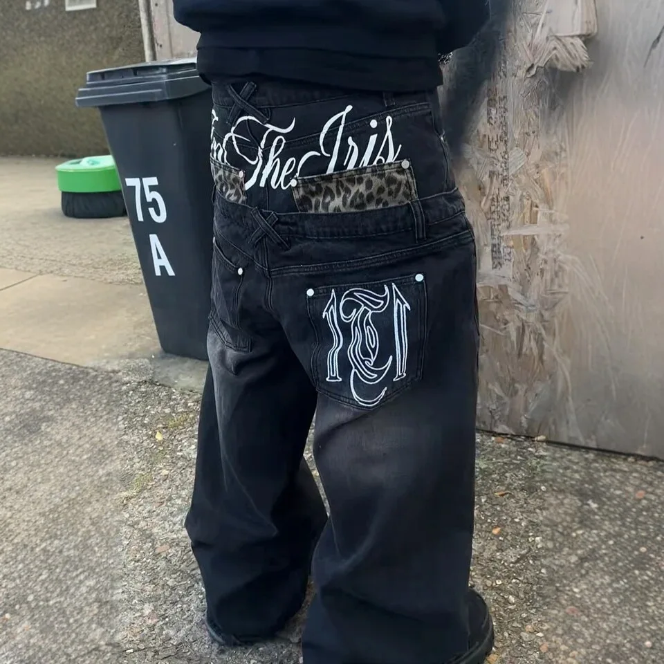 Unisex Y2K Baggy Wide Jeans Vintage Trousers Gothic Letter Patch Pockets Street Hip Hop Skater Oversized Loose Denim Streetwear