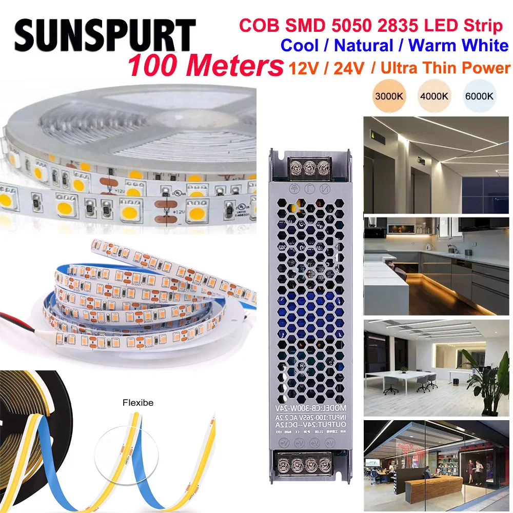 

LED Strip Lights 5050 2835 COB DC 12V 24V RGB warm white 5- 100 meters Flexible 60 120 320LED/M Led Light Tape TV Backlight Lamp