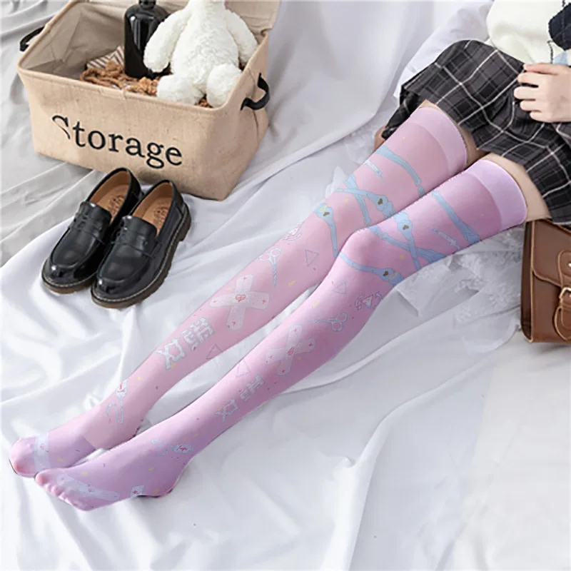 AB Version Cartoon Lolita Over The Knee Thigh High Stockings Japanese Cute Student Pink Print Lolita JK New Thin Women JK Socks