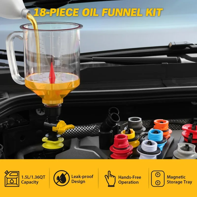18Pcs Engine Oil Funnel Filling Kit, 1.36qt/1.5L Coolant Funnel Set, Funnels for Automotive Use