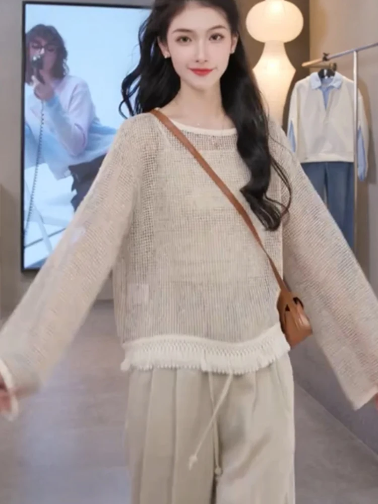 

Loose Korean Sle Patchwork Color Knitted Hollow out Base irt Casual Versatile Boting Top Small Design Sense