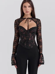 Fantoye Sexy See Through Lace Women Tops Black Long Sleeve Print Floral Two Piece Sets Female Autumn Skinny Elegant Streetwear