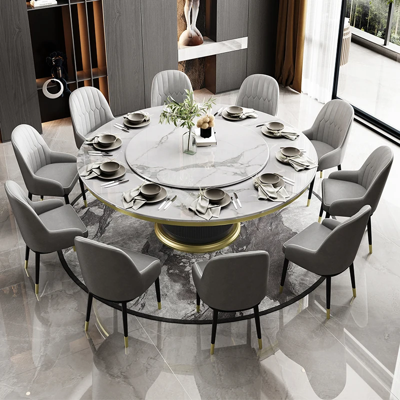 طاولة طعام وكرسي من البلاط الصخري، مجموعة مستديرة بطول 2 متر، شقة كبيرة فاخرة وحديثة وبسيطة