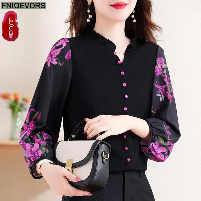 Retro Vintage Ruffles V Neck Tops New Design Women Autumn 2024 Fashion Office Lady Elegant Purple Button Shirts Blouses