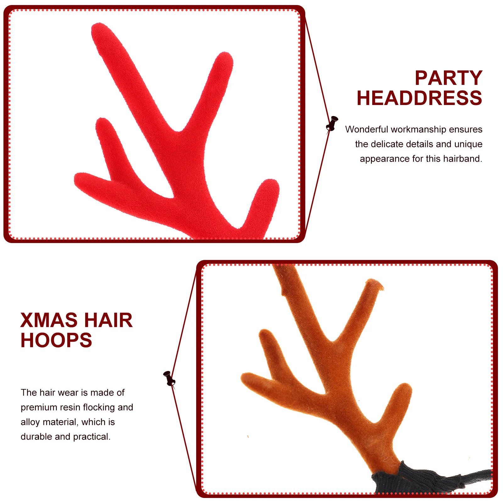 

2Pcs Deer Antler Hair Hoops Premium Resin Flocking Xmas Party Headdress Unique Gift Xmas Hair Hoops Party Headdress