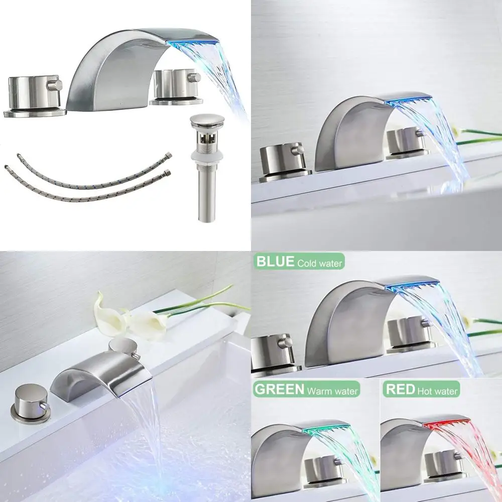 

LED Waterfall Faucet with Overflow, 3-Hole Installation, Brushed Nickel Finish, Pop-Up Drain Assembly Included, Long-lasting Dur