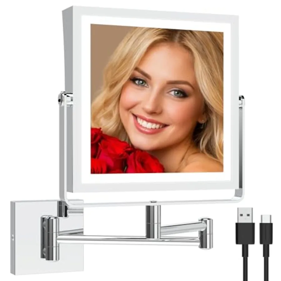 Rechargeable Wall Mounted Makeup Mirror with Lights Double Sided 1X/10X Magnifying Vanity Mirror with 3 Color Lighting Touch Sc