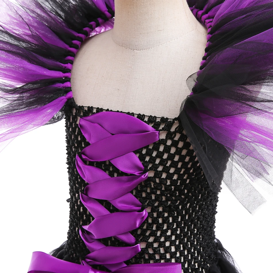 Schwarzes und Lila Hexenkostüm für Mädchen, Langes Tüllkleid mit Rüschen, Schulterfreies Maleficent-Cosplay-Outfit für Kinder zu Halloween und Karneval – Detail 10