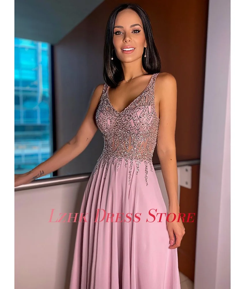 Aangepaste Luxe Chiffon A-lijn Kristal Spaghettibandjes Avondjurk Mode Lieverd Mouwloos فسات dhás namiة