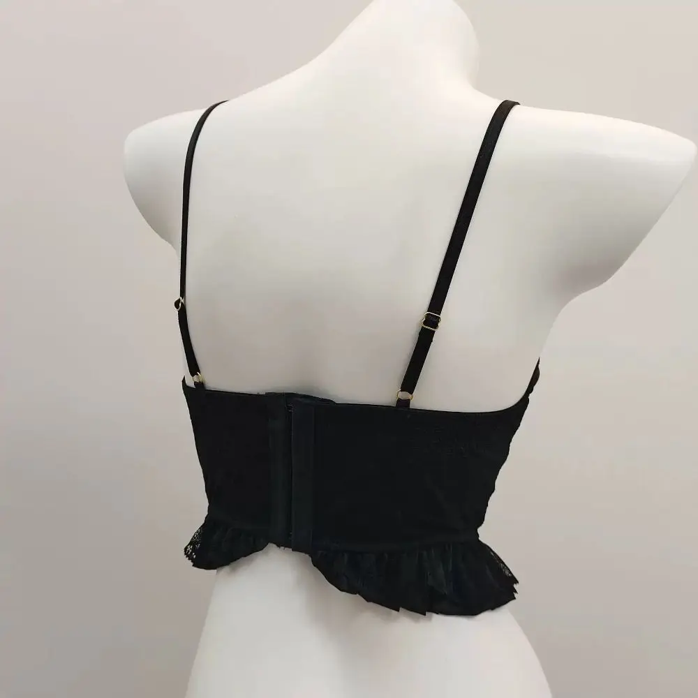 

Solid Color French Style Lace Up Vest Top Close-fitting Spaghetti Strap Satin Corset Top Canisole Wrinkle Fishbone Vest Bar