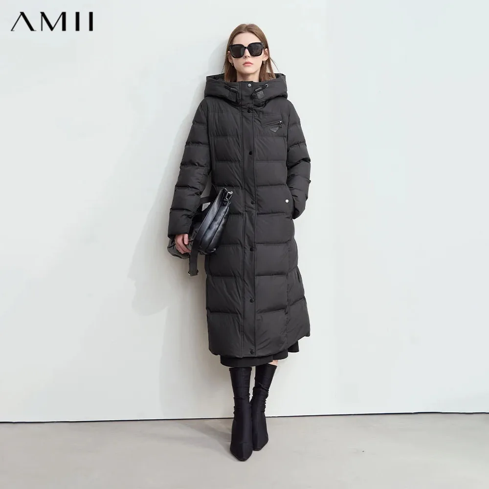 Amii 2026 Winter New Warm Hooded Graphene Lining Long Down Jacket Women Leather Brand Decorative Fashion Commuter Coat 12444029
