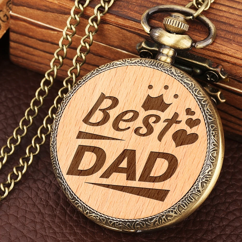 Best Dad Hero Father Laser Engraved Wood Quartz Pocket Watch Necklace Birthday Father's Day Gift for Dad from Daughter Son Kids