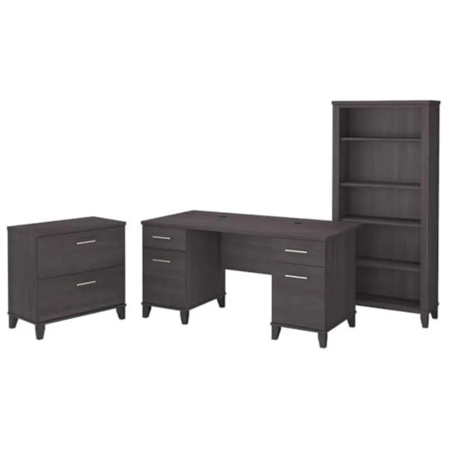 

Bush Furniture Somerset 60W Office Desk with Lateral File Cabinet and 5 Shelf Bookcase in Storm Gray