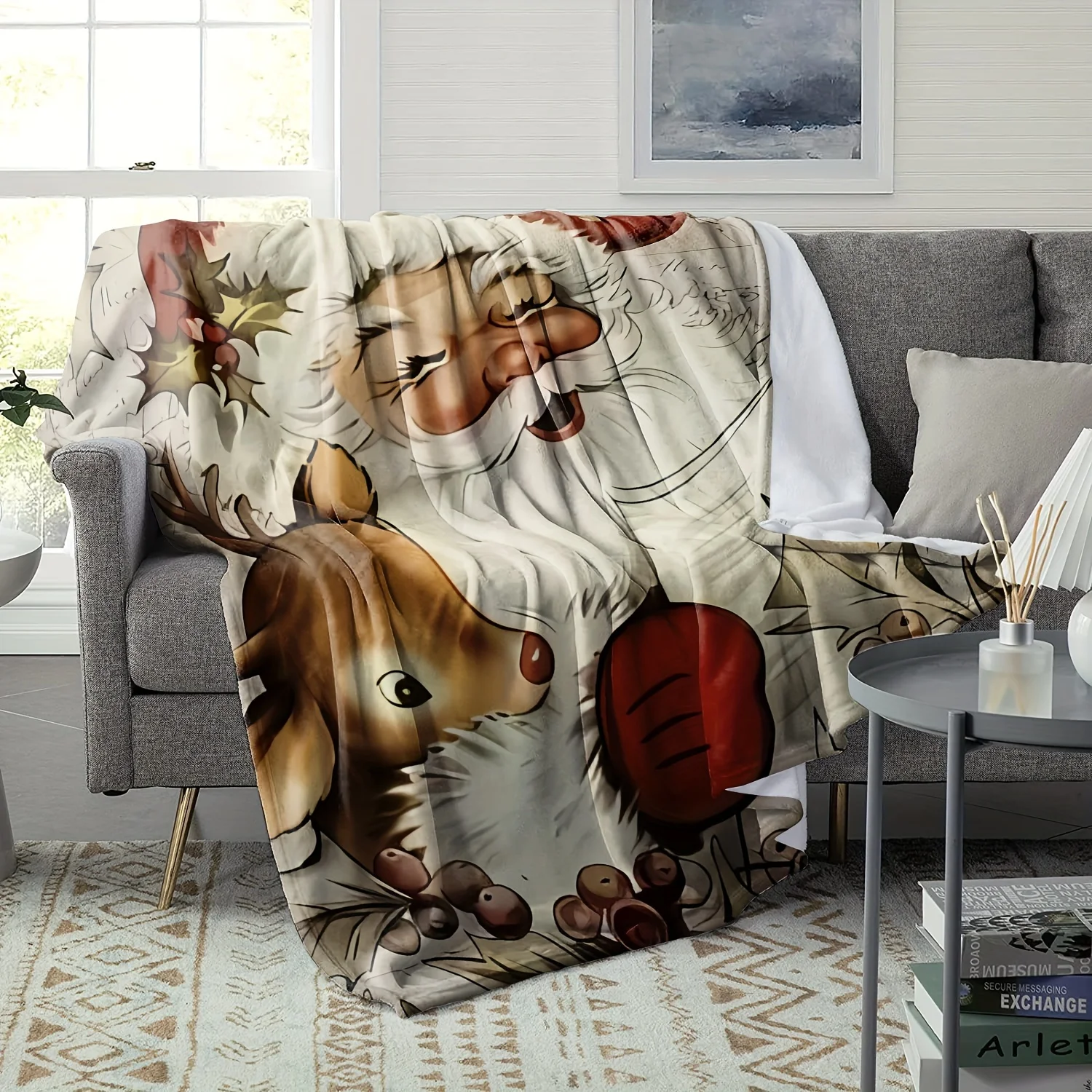 Cozy Christmas Flannel Throw Blanket - Vintage Santa & Reindeer Design, Soft & Warm for Couch, Bed, Office
