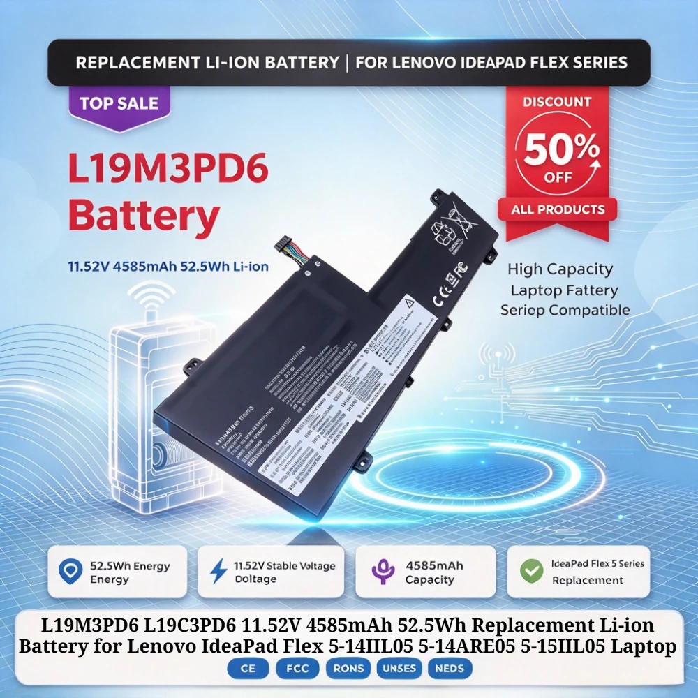 L19M3PD6 L19C3PD6 11.52V 4585mAh 52.5Wh Replacement Li-ion Battery for Lenovo IdeaPad Flex 5-14IIL05 5-14ARE05 5-15IIL05 Laptop
