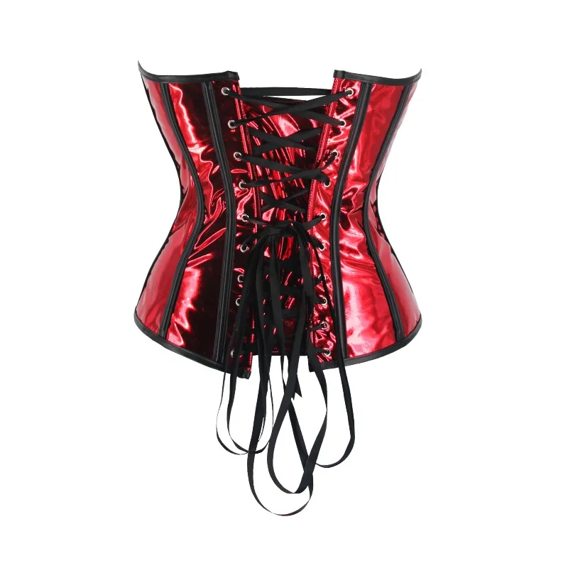 Corsetto in pelle PU argento Steampunk Top gotico con lacci Overbust Bustier Vita sottile Body Shapewear Donna Corsetto sexy Clubwear