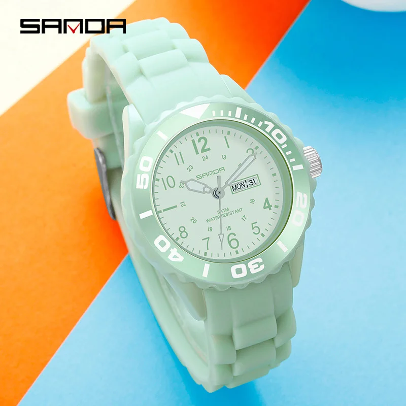 SANDA 1053 Fashion Quartz Watch Students Simple 50M Waterproof Silicone Strap Calendar Luminous Outdoor Sports Watches Teenagers