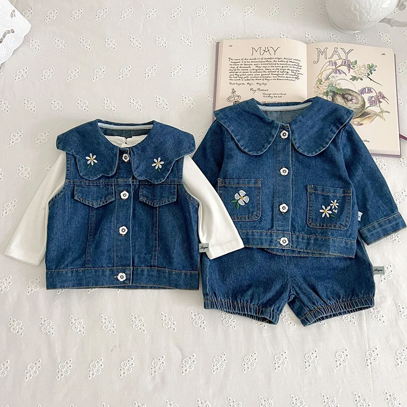 Infant Kids Baby Girls Lapel Denim Set Sweet Baby One Piece Rompers 2Pcs Clothing Sets Baby Girls Children\'s Clothes Suit