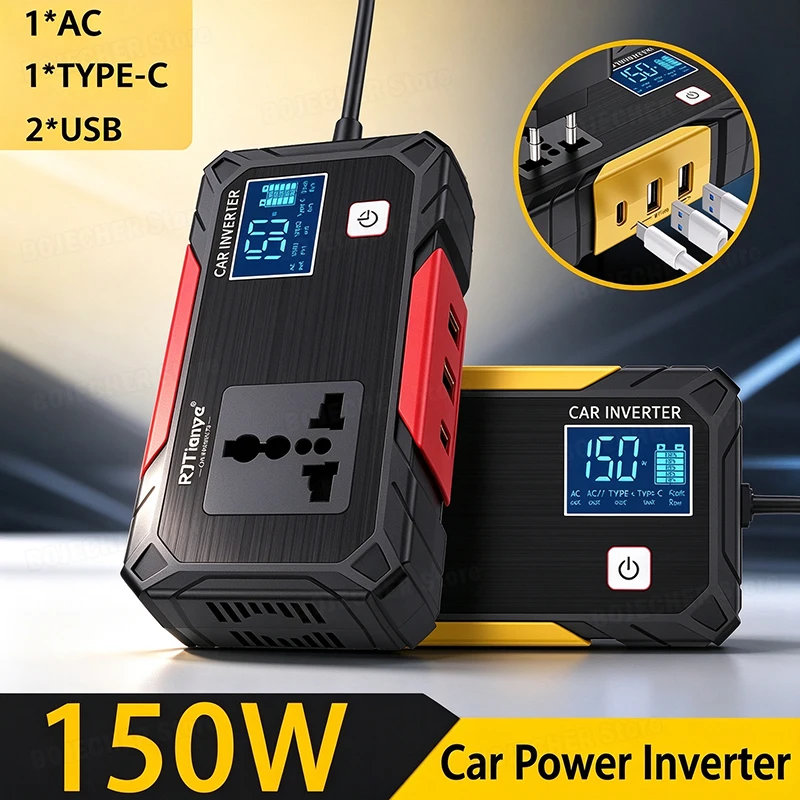 150W Max Digital Display Car Power Inverter For Car Truck 12V 24V To 220V Auto Voltage Converter Adapter With AC Port USB TYPE C