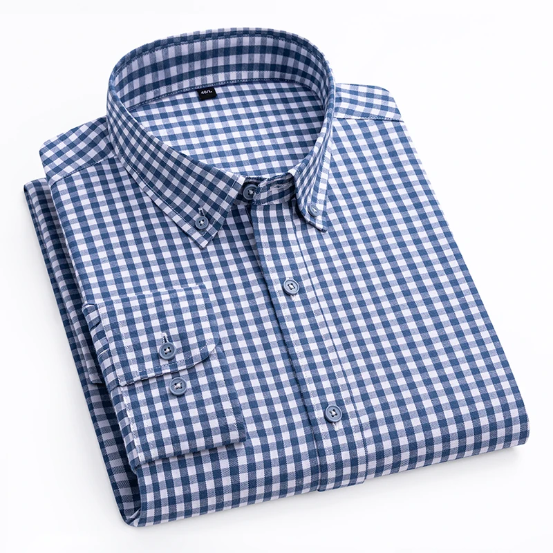 New 100% Cotton Plaid Long Sleeve Casual Shirts For Men Young Classic Clothing Regular Fit Easy Care Garment Smart Dress Shirts