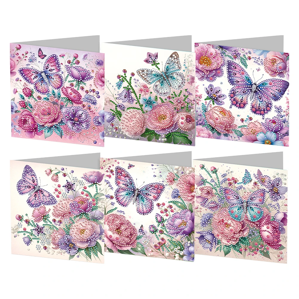 6pcs Rhinestone Painting Greeting Cards DIY Floral Diamond Embroidery Diamond Mosaic Postcards Christmas Birthday Thank You Card