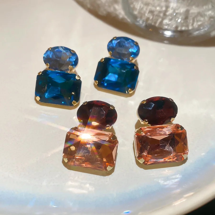 Neue Vintage Blaue Kaffee Quadratische Ovale Strass-Ohrstecker für Damen, Glänzende Kubische Geometrische Ohrstecker für Alltag und Festlichkeiten, Bijoux – Detail 16