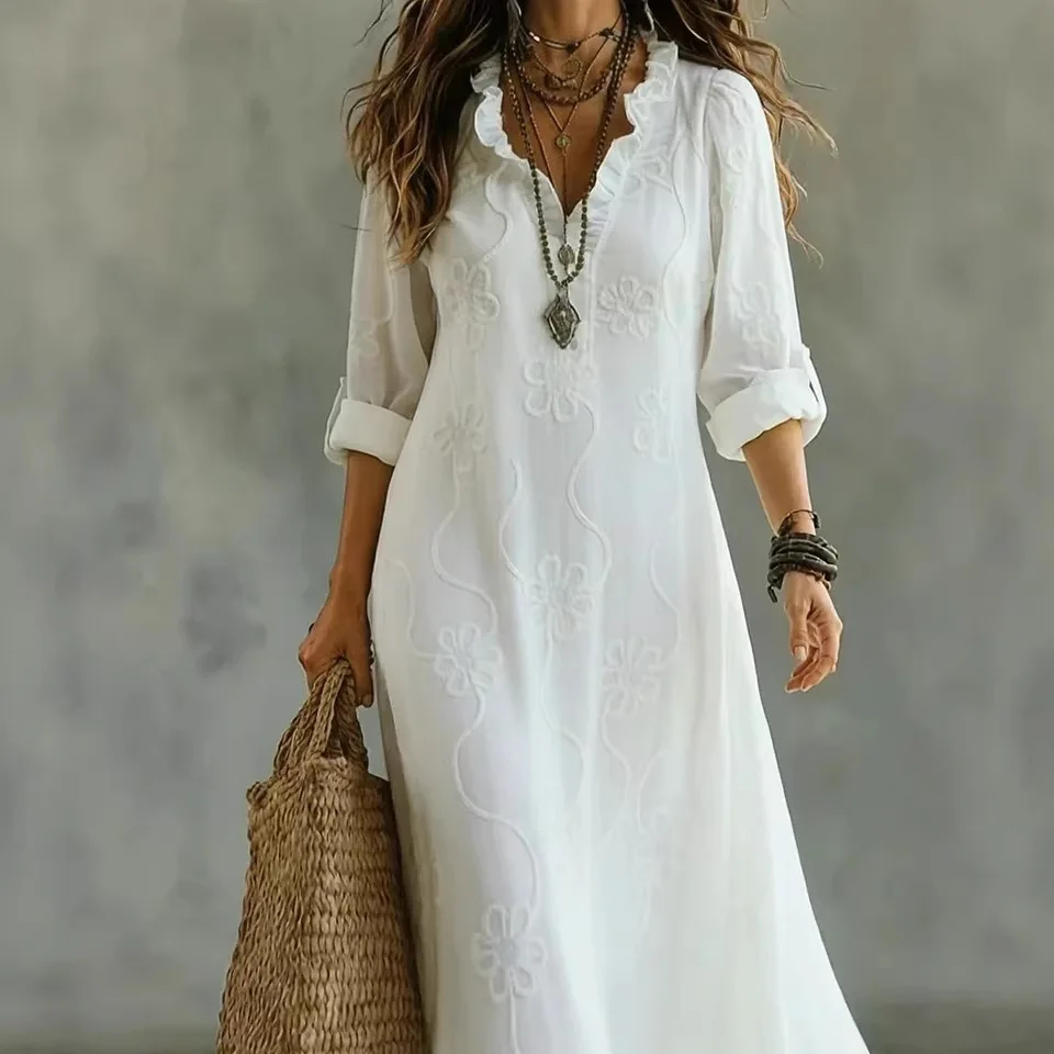 

Fashion Lace Embroidery Long Dress Fashion V-neck Long Sleeve Cotton Linen Loose Dress 2026 Summer New Elegant Commuter Dress