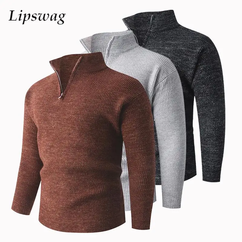 

Casual Slim Fit Knitting Pullovers Men Stylish Solid Color Zipper Stand Collar Sweaters Mens Fall Winter Daily Leisure Jumpers