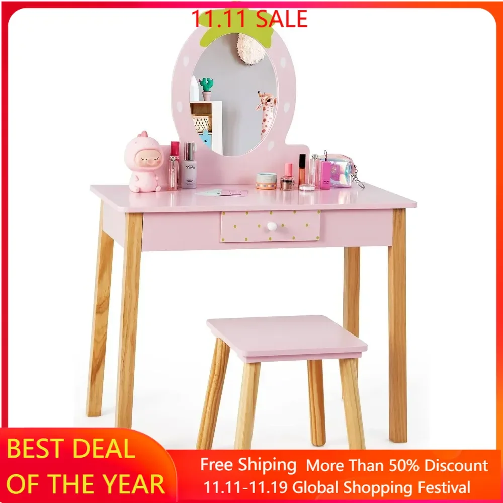 Kids Vanity, Strawberry Themed Princess Makeup Vanity Set for Little Girls, Toddler Bedroom Dressing Table & Stool, Vanity Set