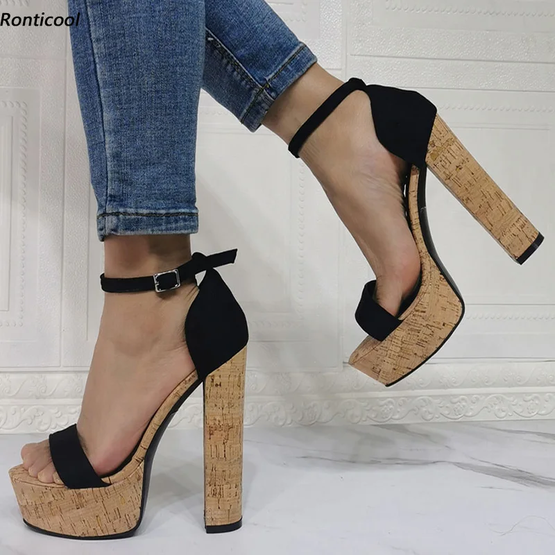 

Ronticool New Women Platform Sandals Cork Pattern Buckle Strap Block Heel Open Toe Elegant Black Party Dress Shoes US Size 5-20