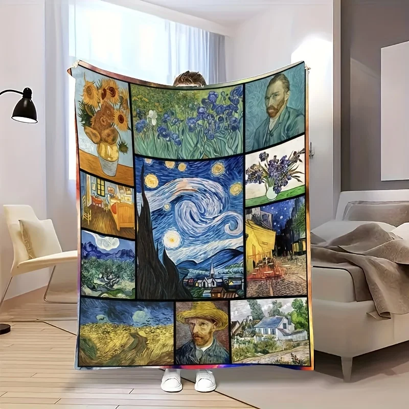 1 Vintage-Inspired Van Gogh Art Flannel Blanket - Soft, Warm, and Cozy, Ideal for Napping, Camping, Travel, and Home Decor