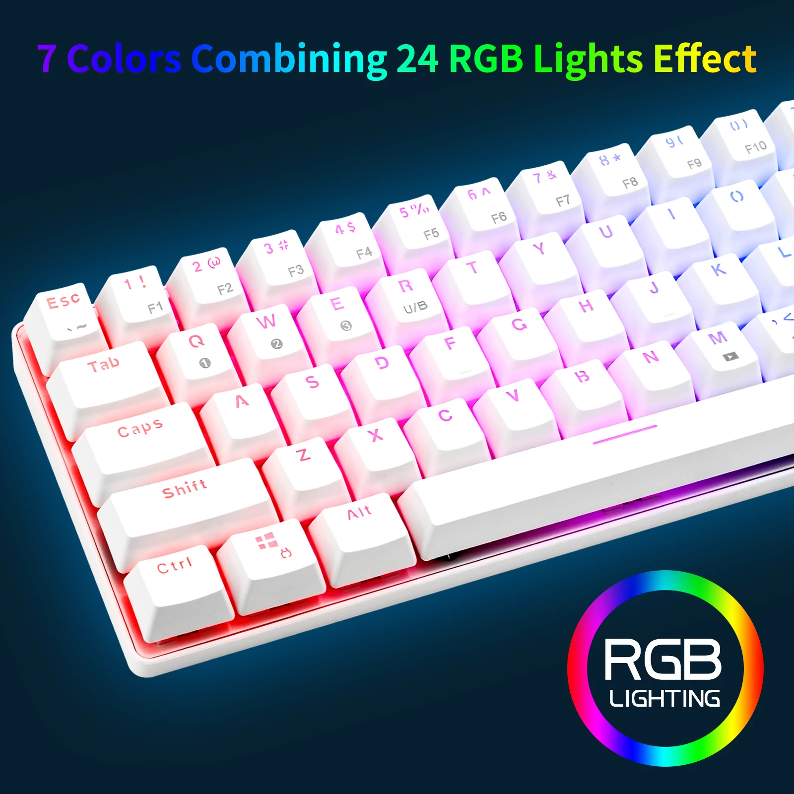 HUO JI CQ63 RGB Wireless Mechanical Gaming Keyboard Bluetooth 5.0 Wired Keyboard 63 Keys for PC Tablet Laptop Cell Phone White