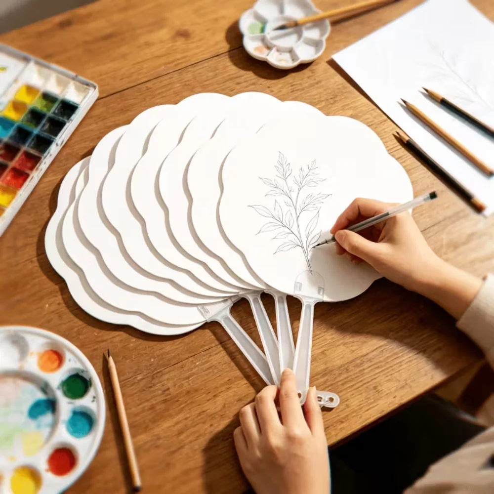 5/10/20pcs Diy White Color Blank Fans Summer Painting Paper Hand Fans Handmade Party Favors Flower Shape