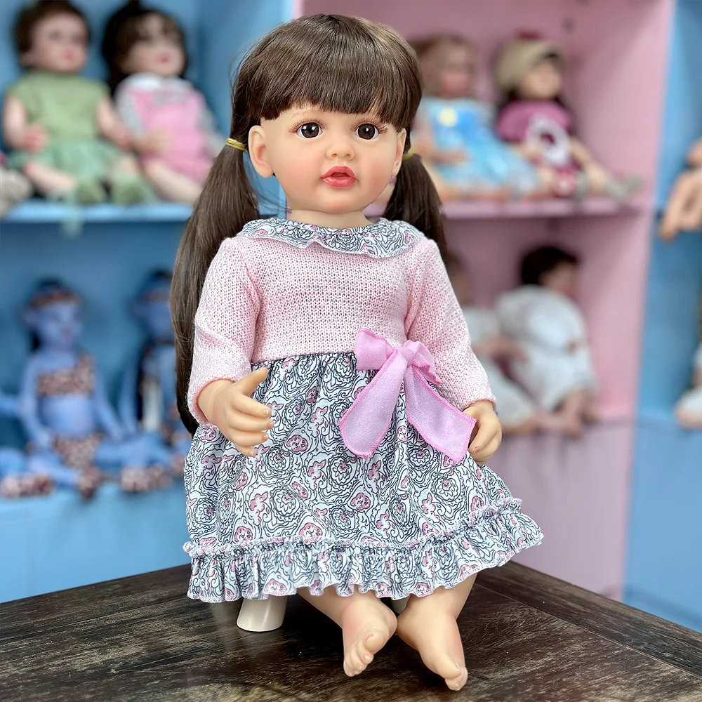 Muñeca Reborn Girl de vinilo de 22", edición coleccionable, expresión linda, cola de caballo larga y recta negra, vestido de princesa floral, poseable