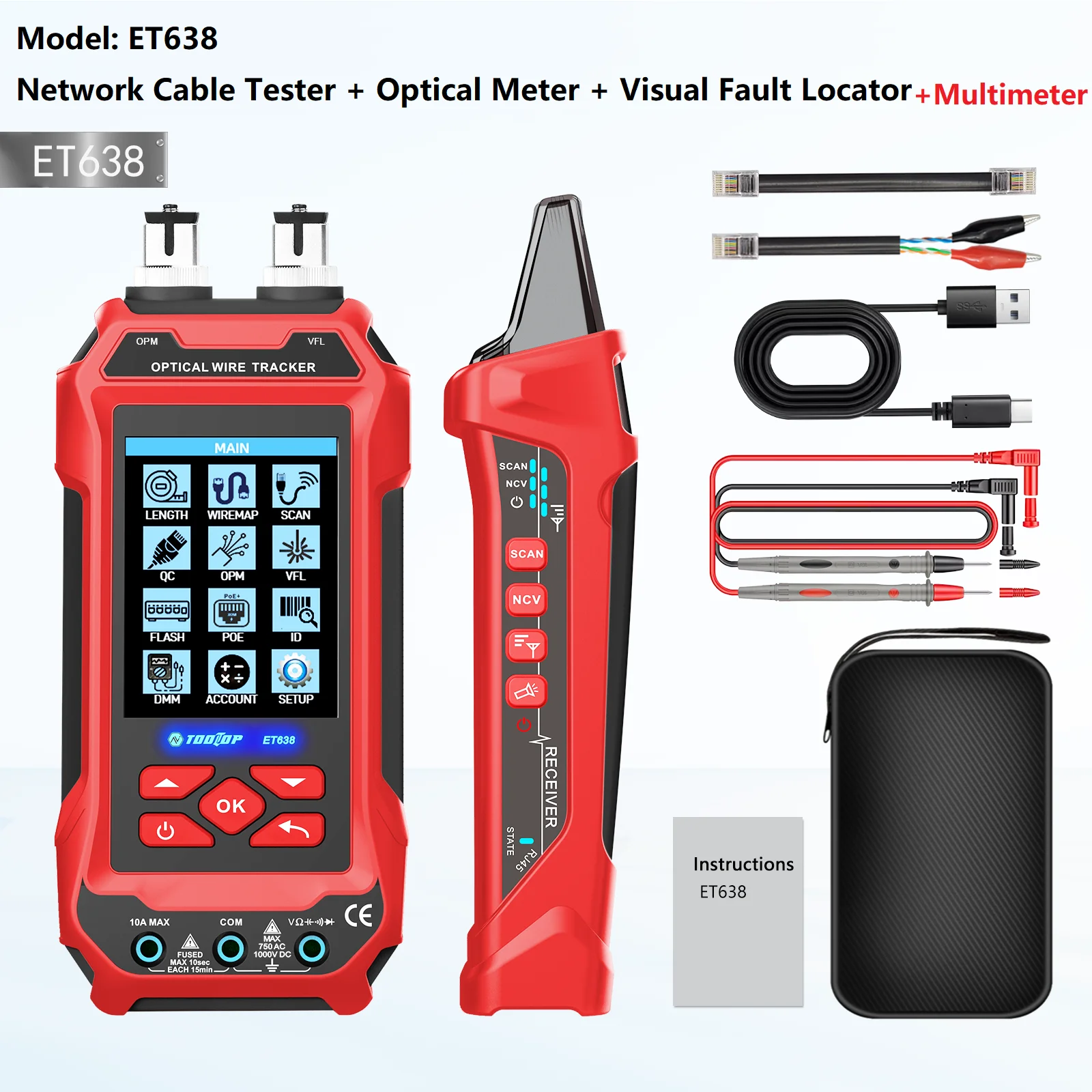 TOOLTOP Netwerkkabeltester 4-in-1 Multifunctionele glasvezelvermogensmeter Visual Fault Locator Ruisvrije LAN-lijntracking