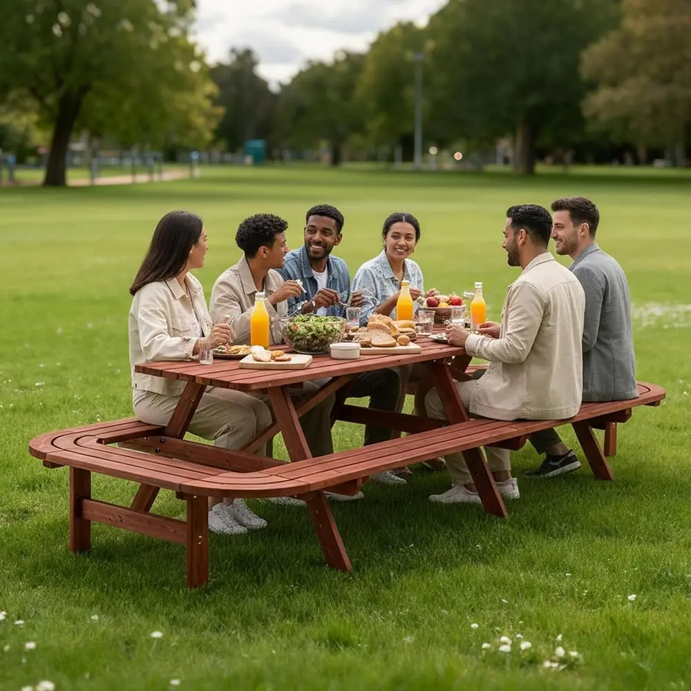 

14-16 Seater Brown Wooden Picnic Table for Outdoor Dining, with Umbrella Hole, Ideal for Camping, Garden, and BBQ