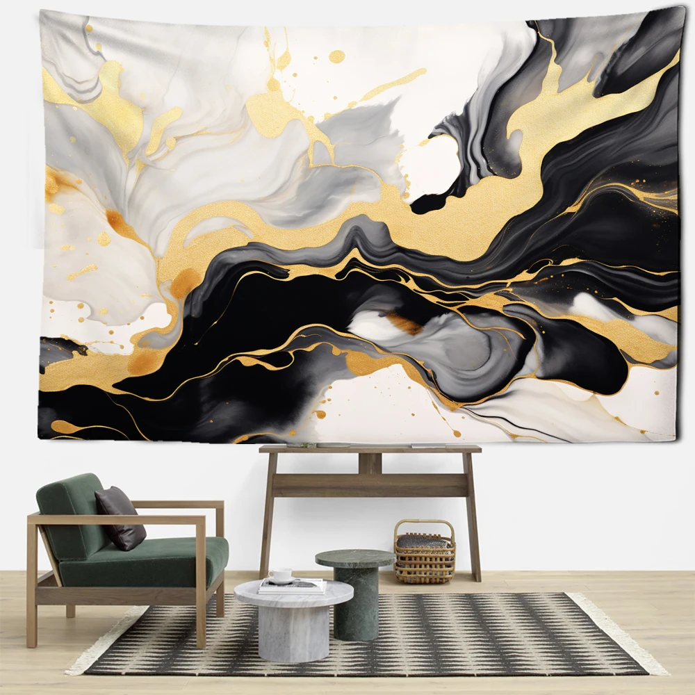 Black Gold Marble Texture Tapestry Wall Hanging Minimalist Abstract Art Hippie Tapitz Bedroom Living Room Home Decor