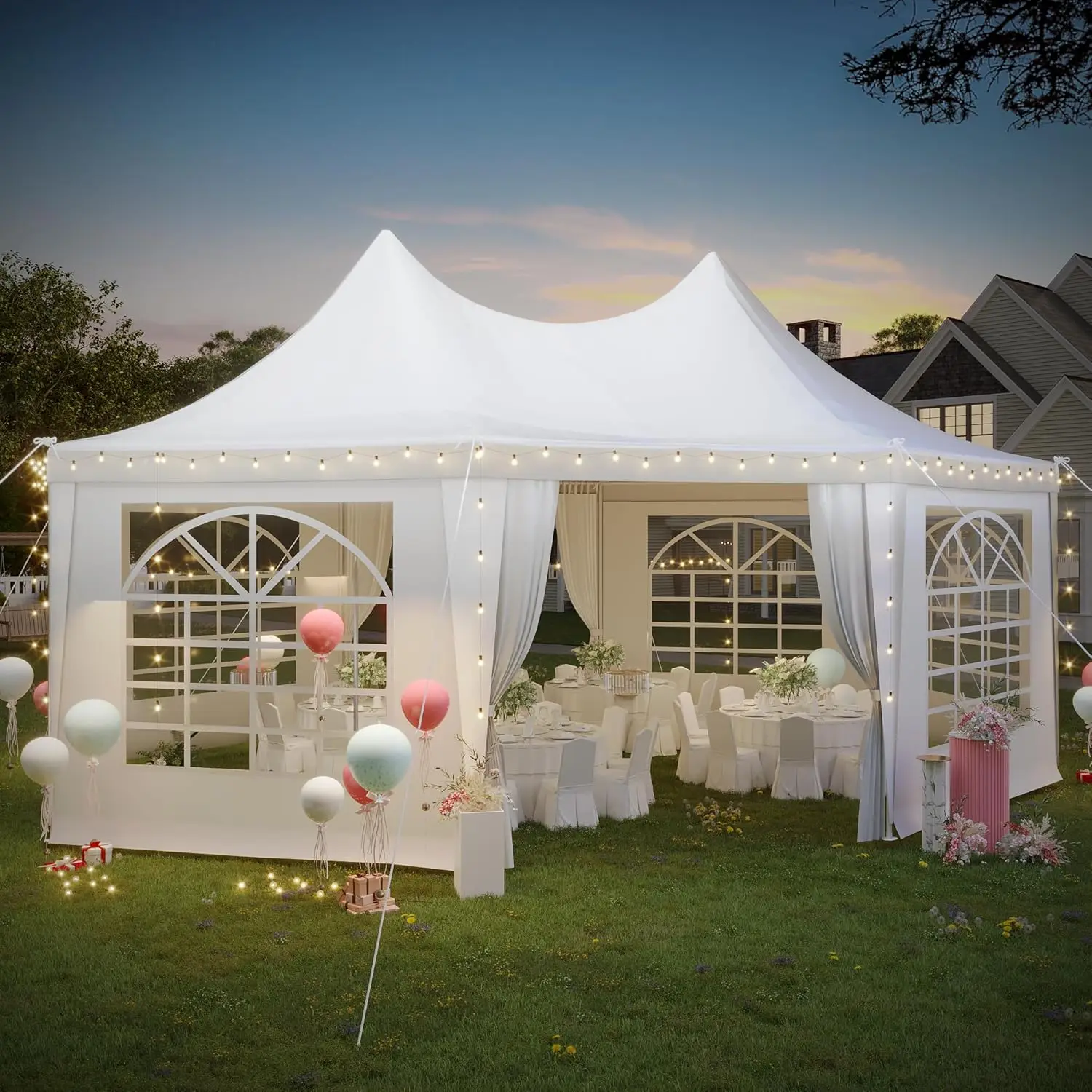 20x15ft Party Tent, White Wedding, Octagonal Heavy Duty Canopy with 6 Removable Sidewalls,6 Church Windows and 2 Pull-Back Doors