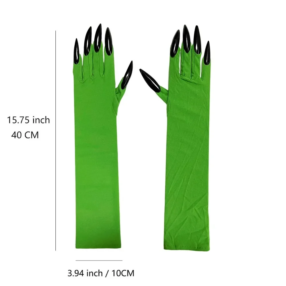 Halloween Cosplay Long Green Spandex Gloves With Black Nails Green Gloves Horror Ghost Witch Costume Accessories