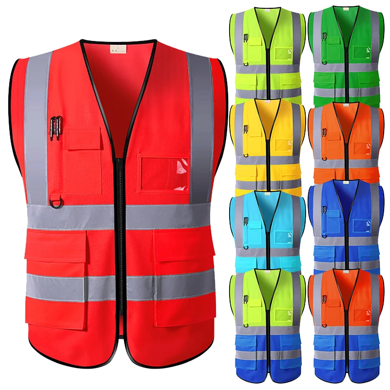 Safety Vest Big Size 5XL Construction Safety Vest with Pockets Red Reflective Vest High Safety Clothing Zipper Front