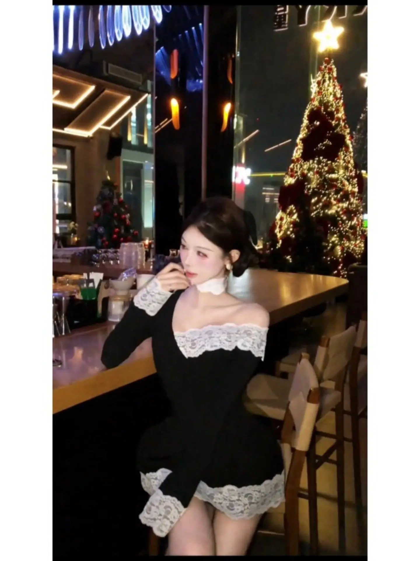 

Slimming Loose oulder Bared Two-Piece Set for Women Spring New Sle Korean Faion Casual Wear Long Sve round Ne