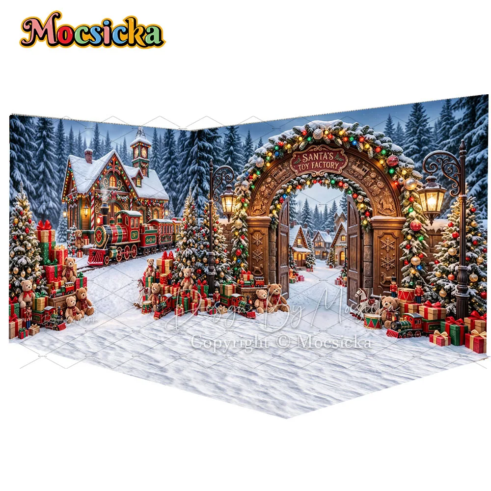 Mocsicka Christmas Train Wonderland Backdrop Photography Santa Toy Gift Factory Arch Corner Snowy Background Winter Family Photo