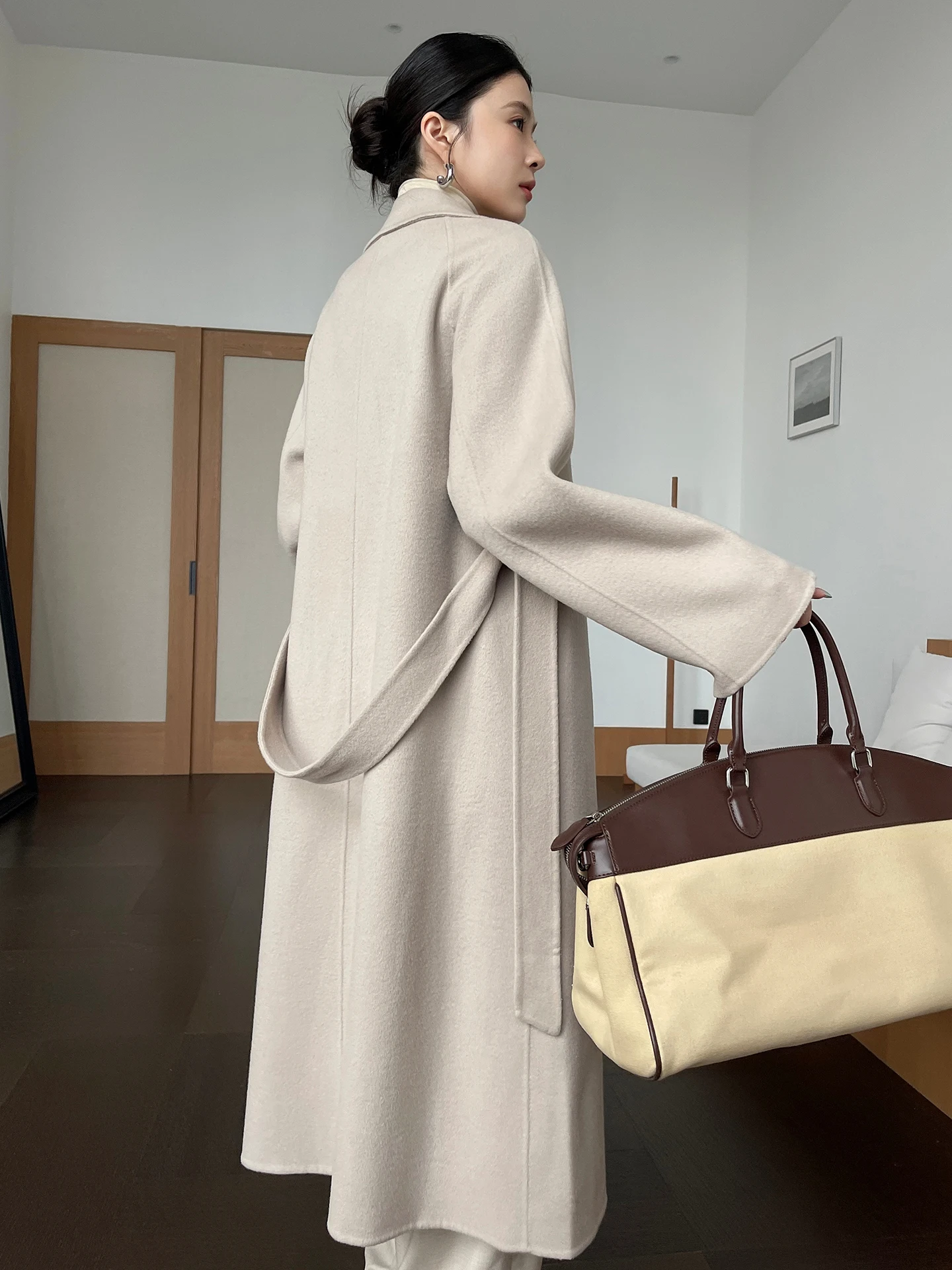 Women 100% Wool Double-Faced Long Coat Relaxed Fit Belted Full-Length Wrap Overcoat Notched Lapels Raglan Sleeves Pure Wool Coat