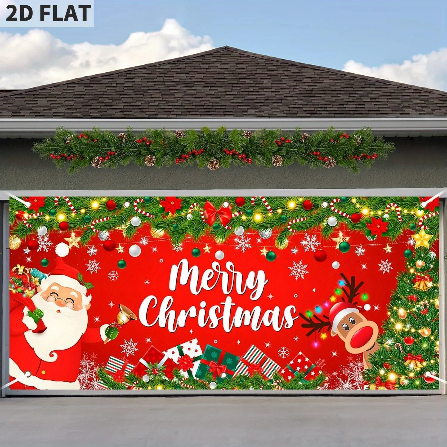 

Merry Christmas Garage Door Banner Chirstmas Holiday Garage Door Backdrop Santa Claus and Reindeer Chirstmas Party Decorations