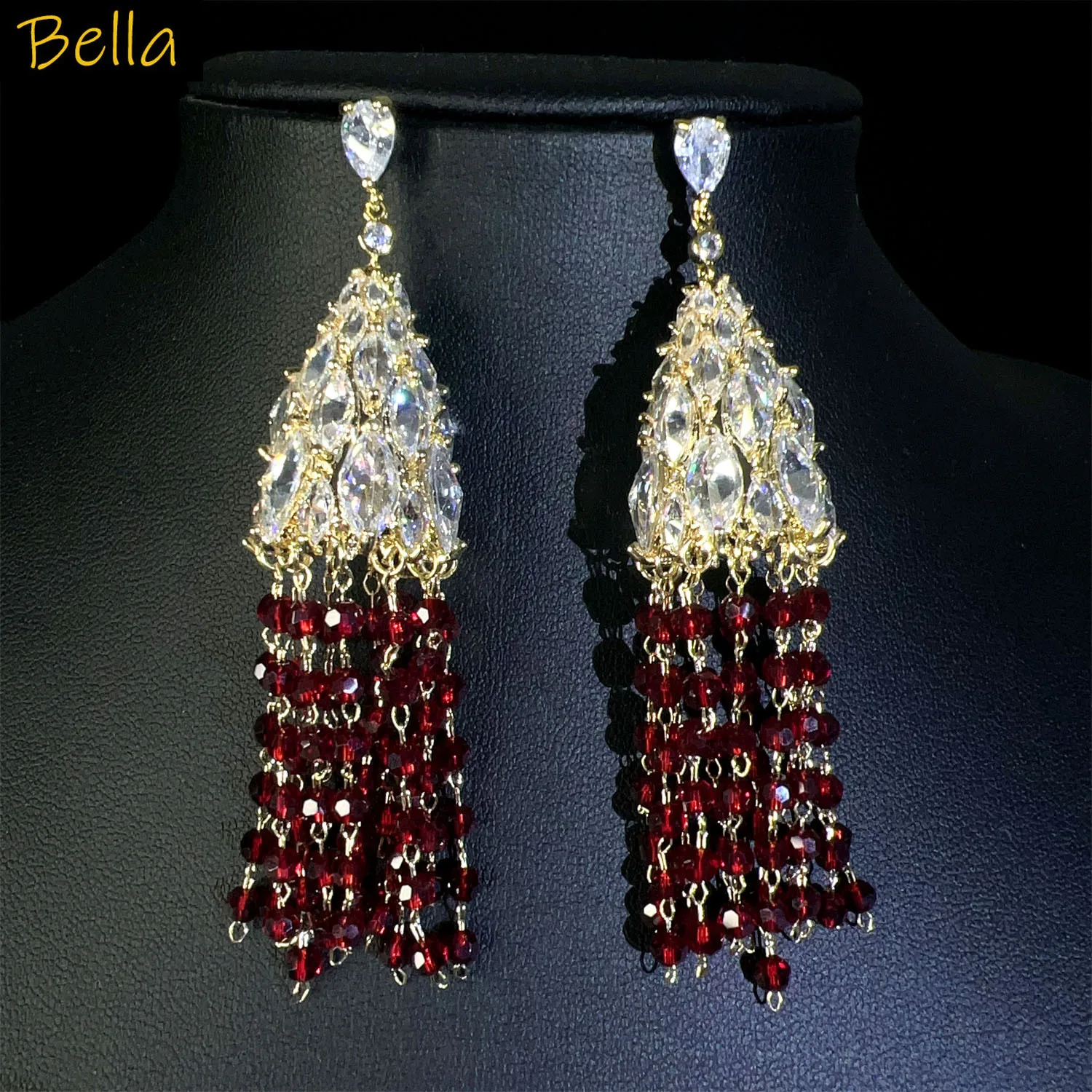

Long Tassel Earrings for Women Wedding Party Gala Event Luxury Jewelry Red White Pink Zircon Dangling Earrings Teardrop Design