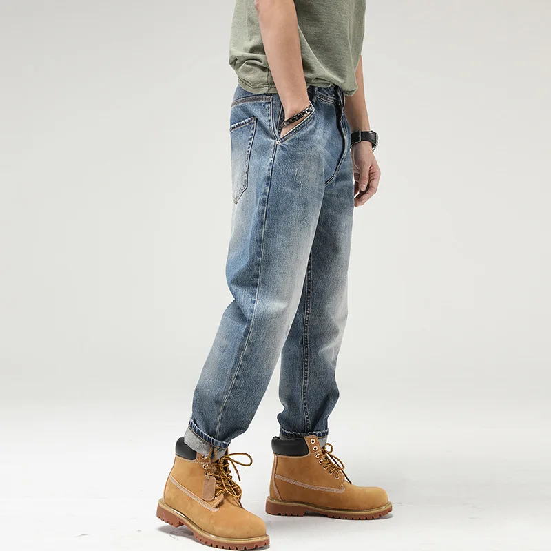 High quality long baggy jeans for men plus size stone wash cotton denim vintage casual trousers new 2024 clothing - blue