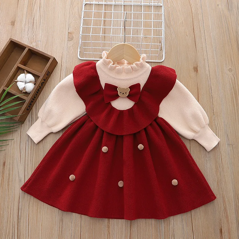 

Baby Girl Autumn Winter New Style Cute Bear Long Sleeve A-line Casual Dress Red Carnival Party One-Piece Princess Dress 1-6 Year