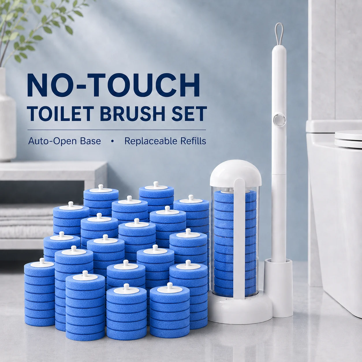 Joybos Touch-Free Toilet Cleaning Wand Set with Replaceable Pads, Wall-Mounted Hands-Free Bowl Brush, Efficient Bathroom Scrubber